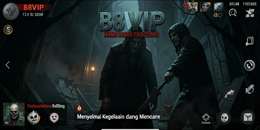 Screenshot gameplay B8VIP menunjukkan momen menegangkan di lokasi menyeramkan.