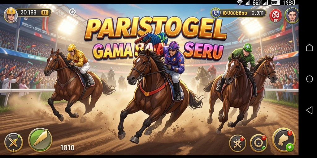 Screenshot utama memperlihatkan aksi balapan seru di PARISTOGEL.
