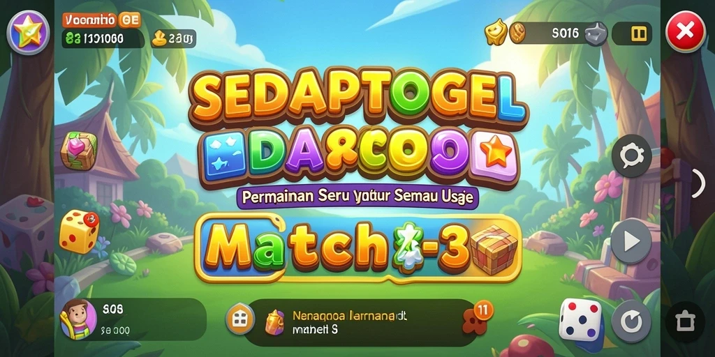 Screenshot utama SEDAPTOGEL menunjukkan gameplay Match-3 yang seru.